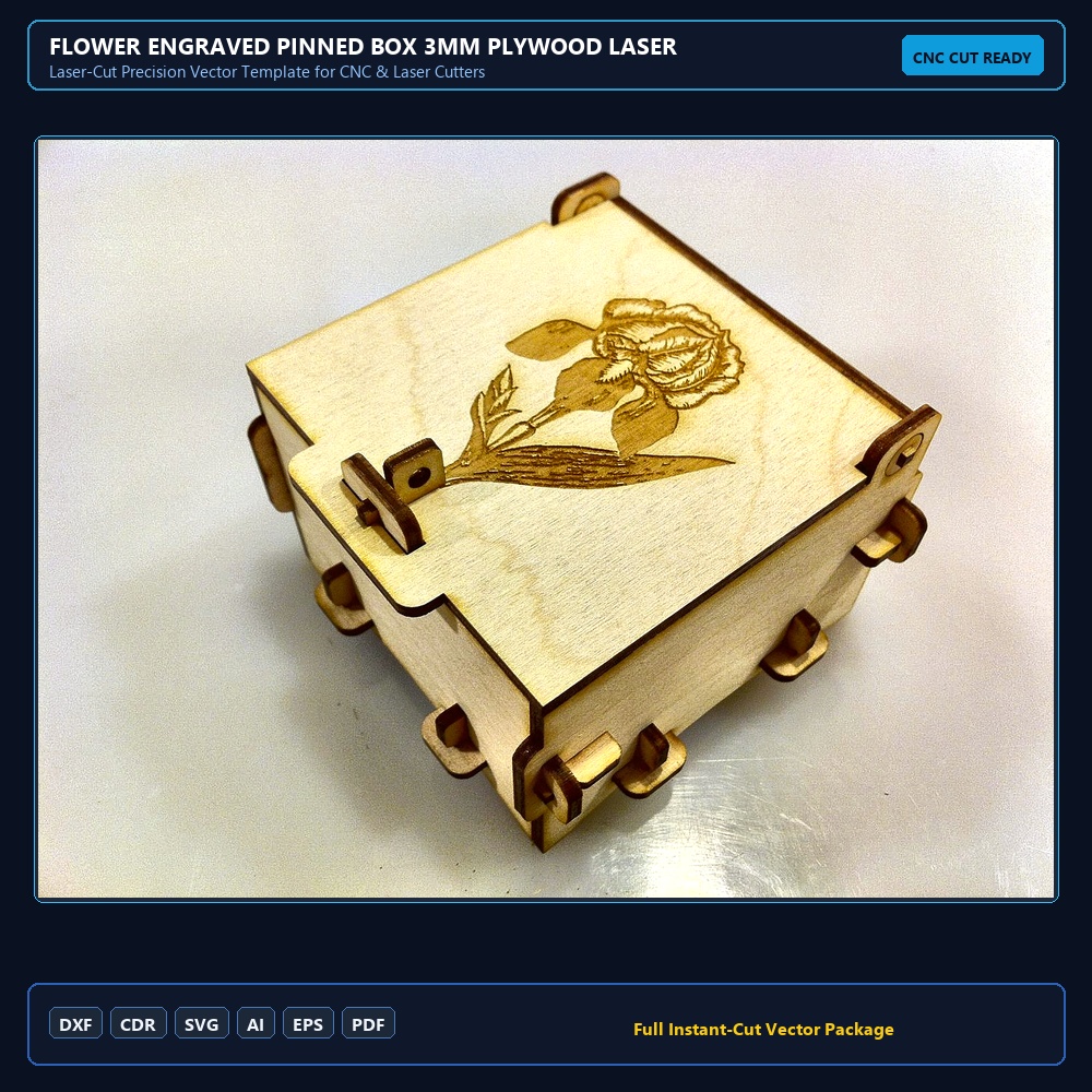 Flower Engraved Pinned Box 3mm Plywood Laser Cut Template DXF File Free Download - 3axis.co
