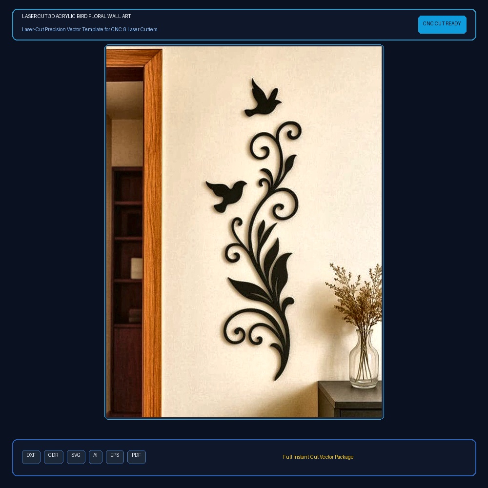 Laser Cut 3D Acrylic Bird Floral Wall Art