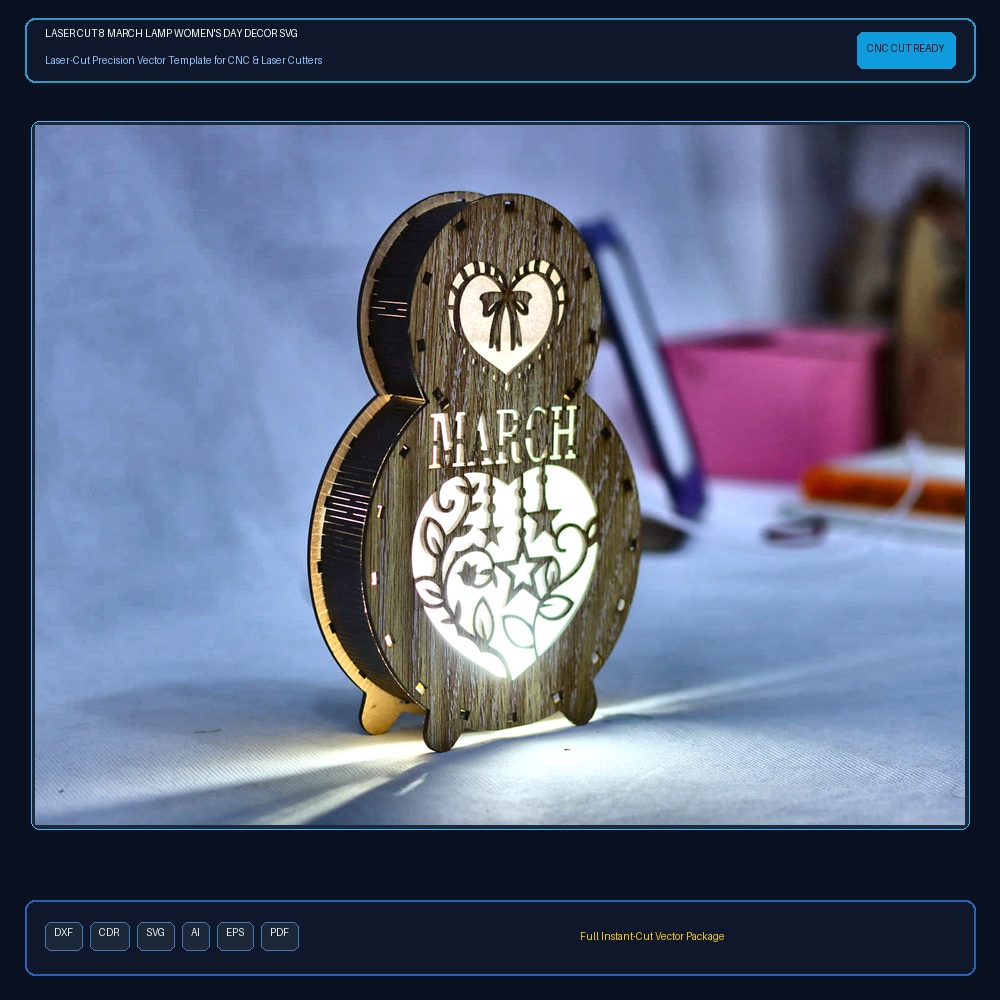 Laser Cut 8 March Lamp Women's Day Decor SVG DXF CDR AI PDF Free Download - 3axis.co