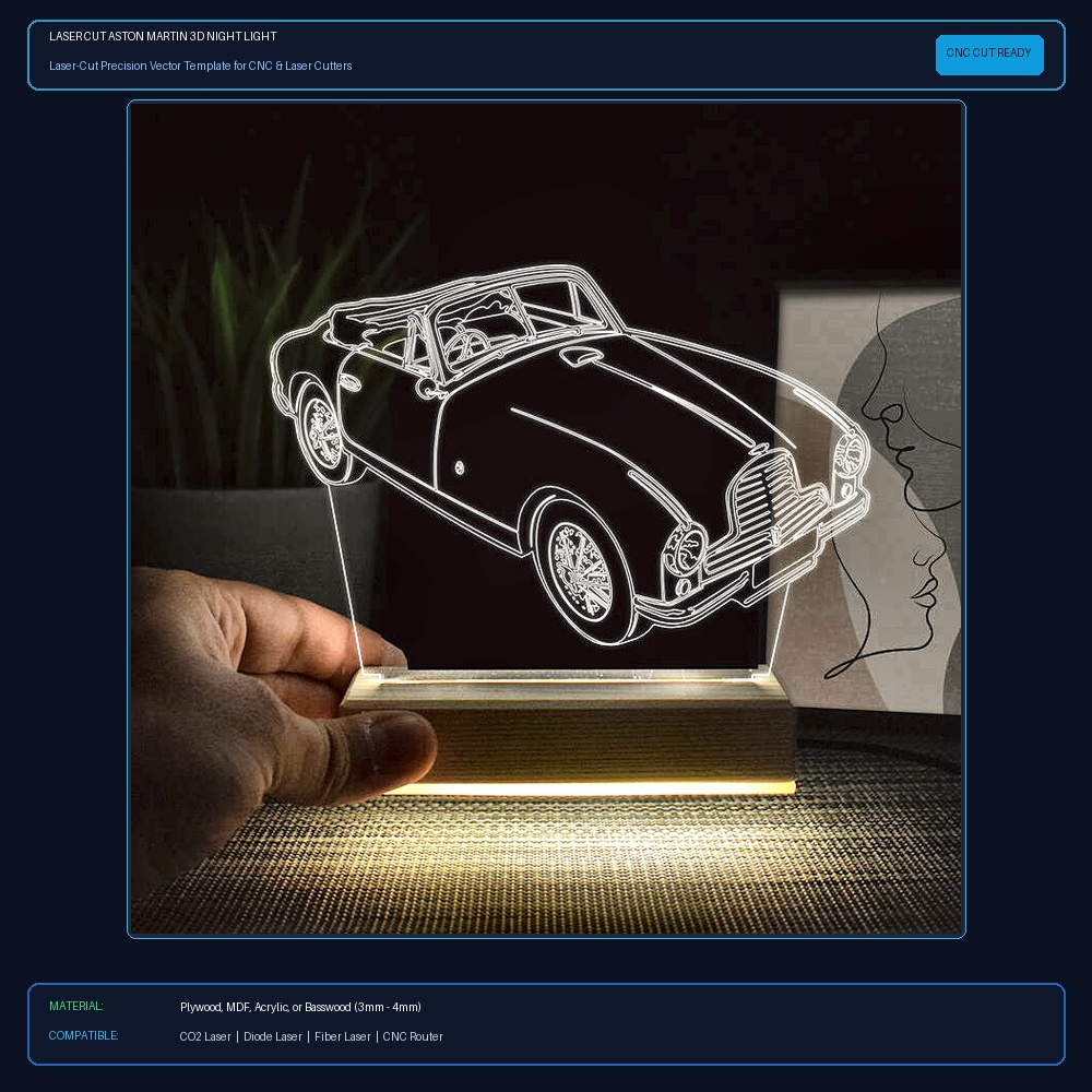 Laser Cut Aston Martin 3D Night Light View 2