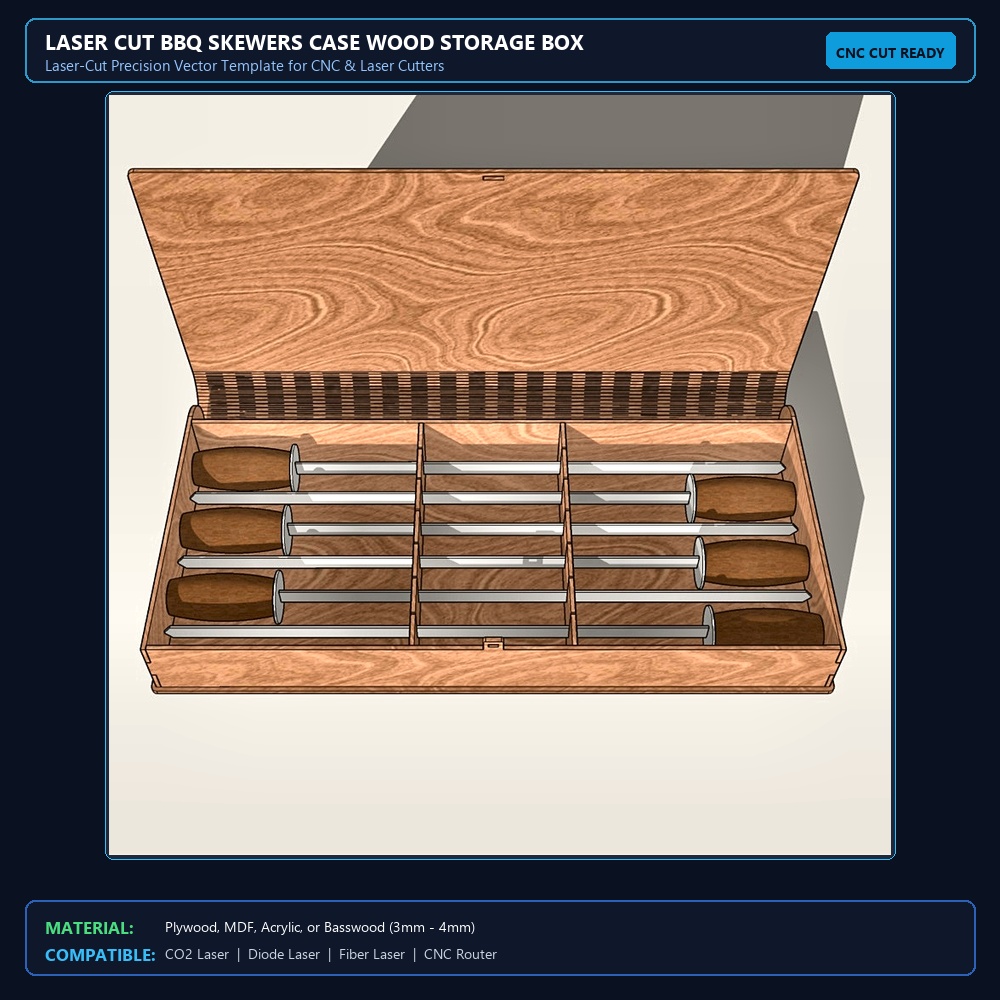 Laser Cut BBQ Skewers Case Wood Storage Box View 2