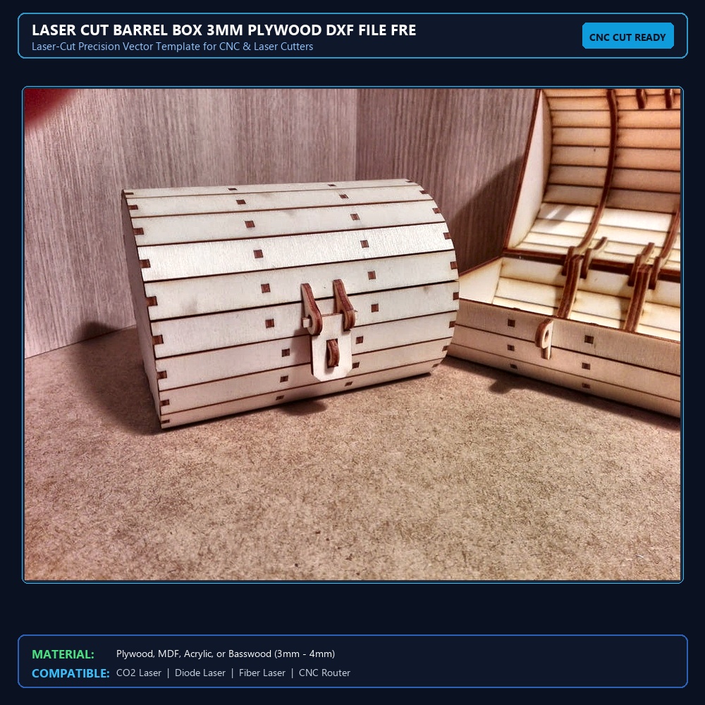 Laser Cut Barrel Box 3mm Plywood DXF File Free Download - 3axis.co View 2