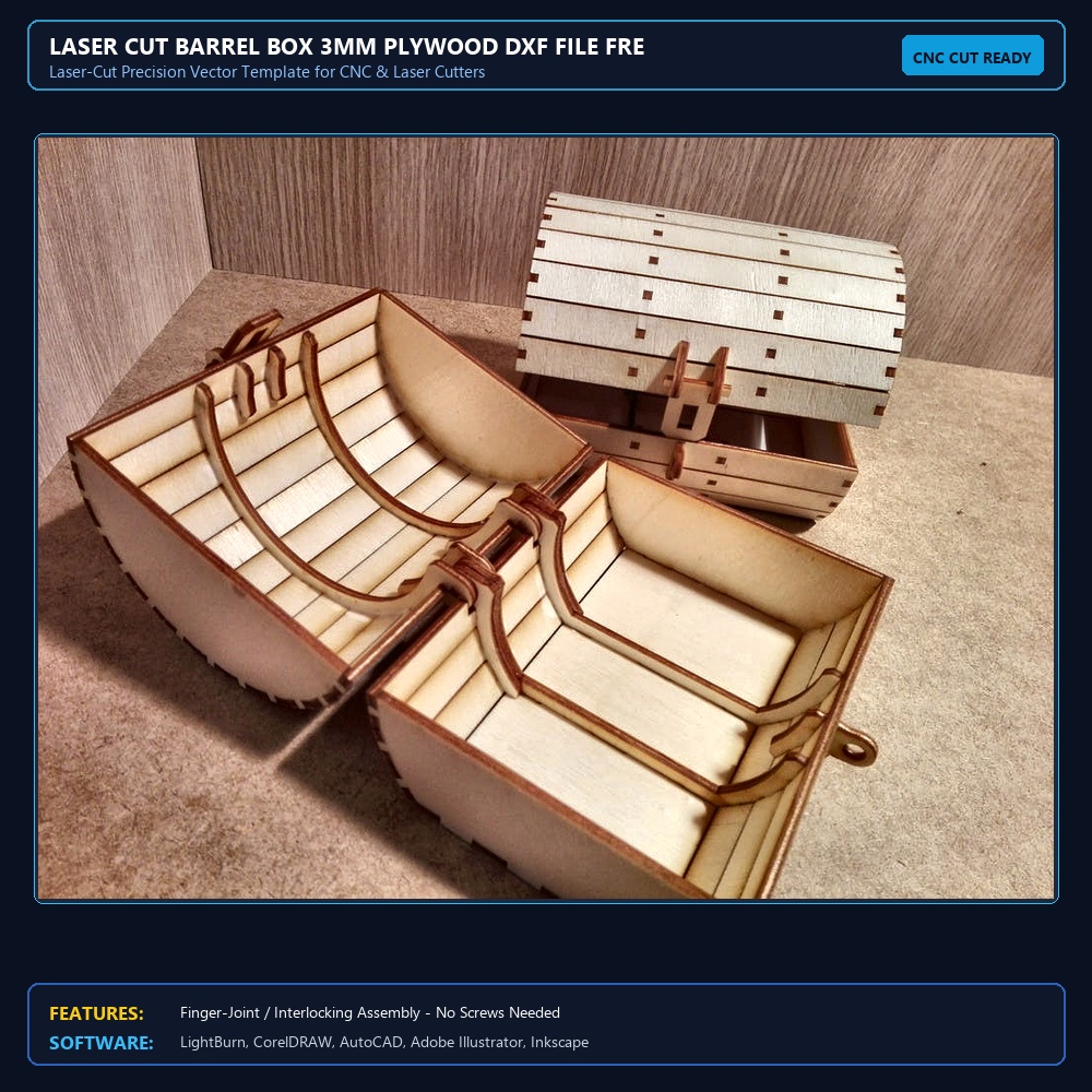 Laser Cut Barrel Box 3mm Plywood DXF File Free Download - 3axis.co View 3