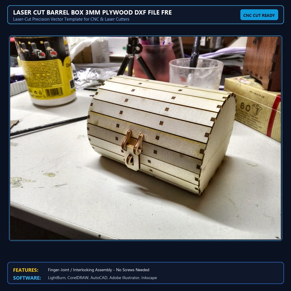 Laser Cut Barrel Box 3mm Plywood DXF File Free Download - 3axis.co View 4