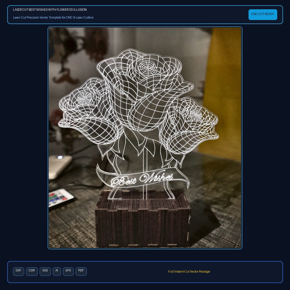 Laser Cut Best Wishes With Flower 3D Illusion Lamp DXF File Free Download - 3axis.co