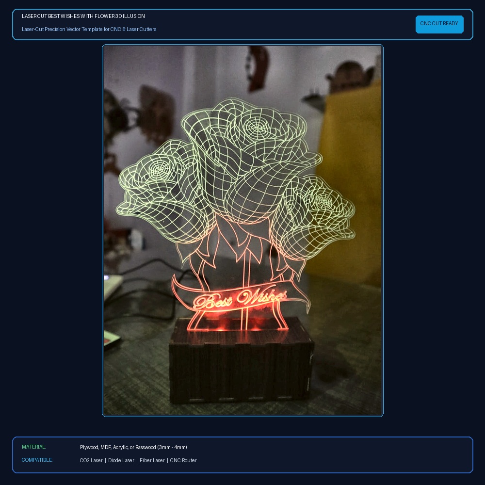 Laser Cut Best Wishes With Flower 3D Illusion Lamp DXF File Free Download - 3axis.co View 2