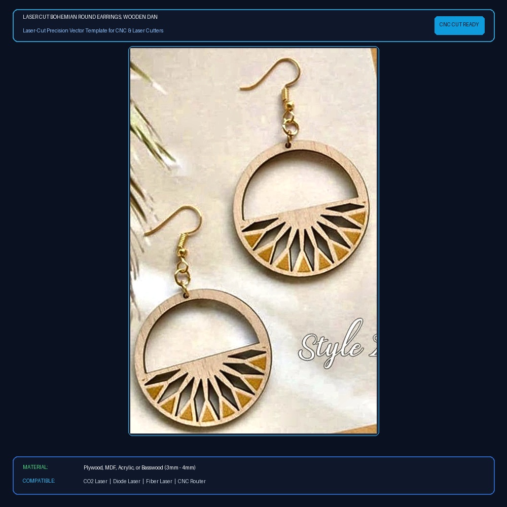 Laser Cut Bohemian Round Earrings, Wooden Dangle Earrings, Boho Drop Earrings View 2