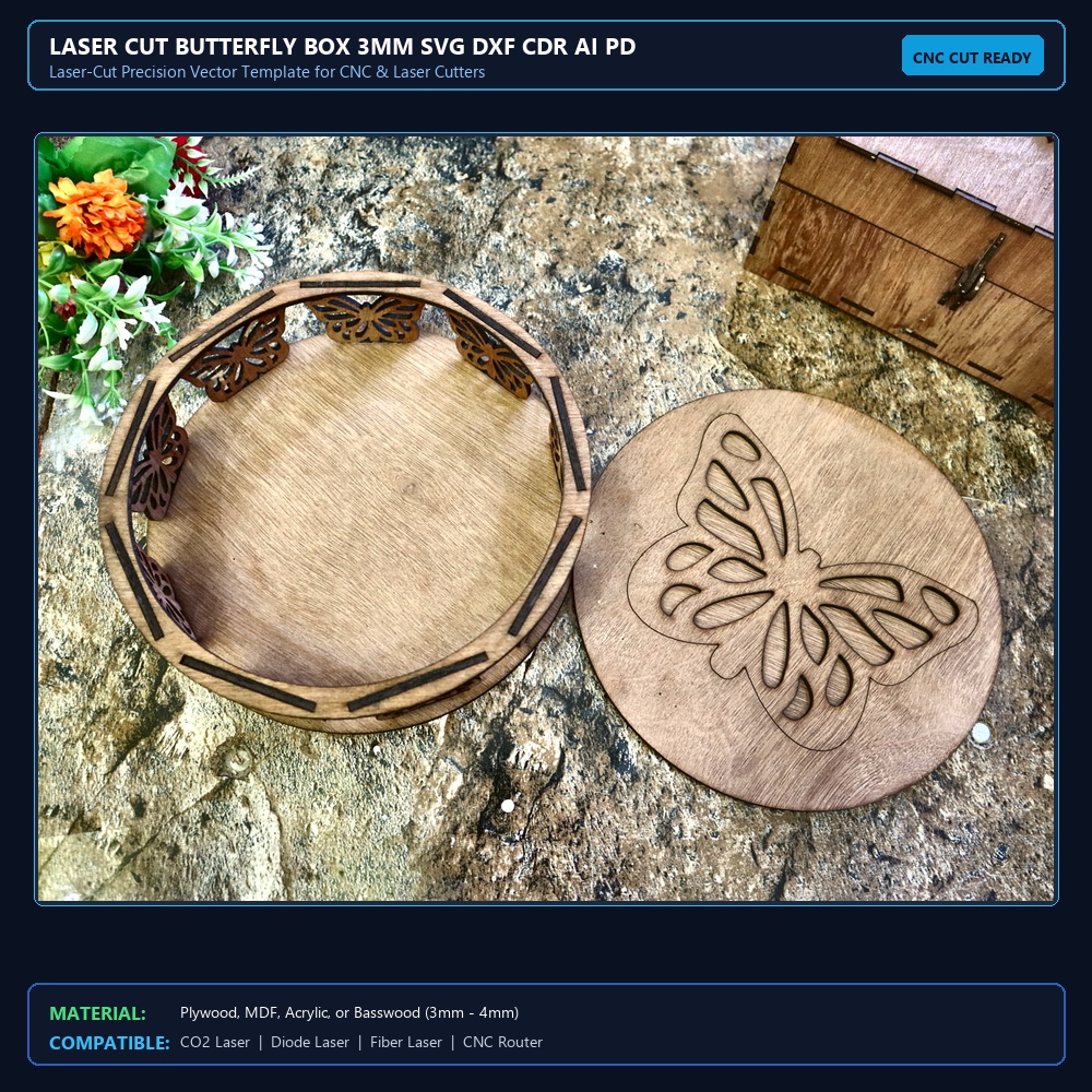 Laser Cut Butterfly Box 3mm SVG DXF CDR AI PDF Free Download - 3axis.co View 2