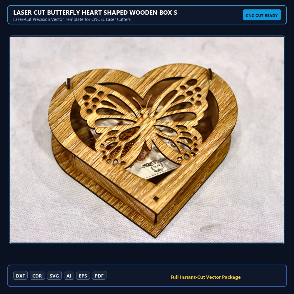 Laser Cut Butterfly Heart Shaped Wooden Box SVG DXF CDR AI PDF Free Download - 3axis.co