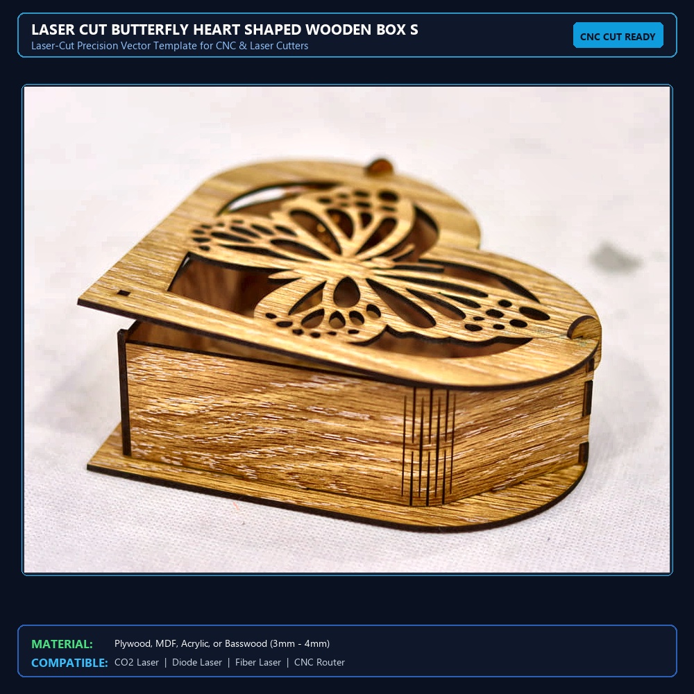 Laser Cut Butterfly Heart Shaped Wooden Box SVG DXF CDR AI PDF Free Download - 3axis.co View 2