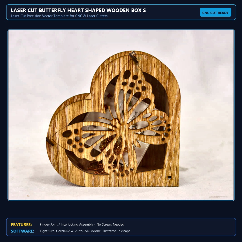 Laser Cut Butterfly Heart Shaped Wooden Box SVG DXF CDR AI PDF Free Download - 3axis.co View 3