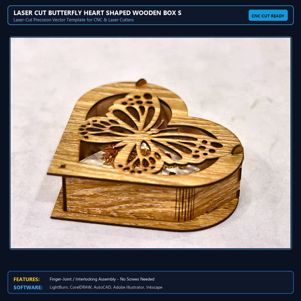 Laser Cut Butterfly Heart Shaped Wooden Box SVG DXF CDR AI PDF Free Download - 3axis.co View 4