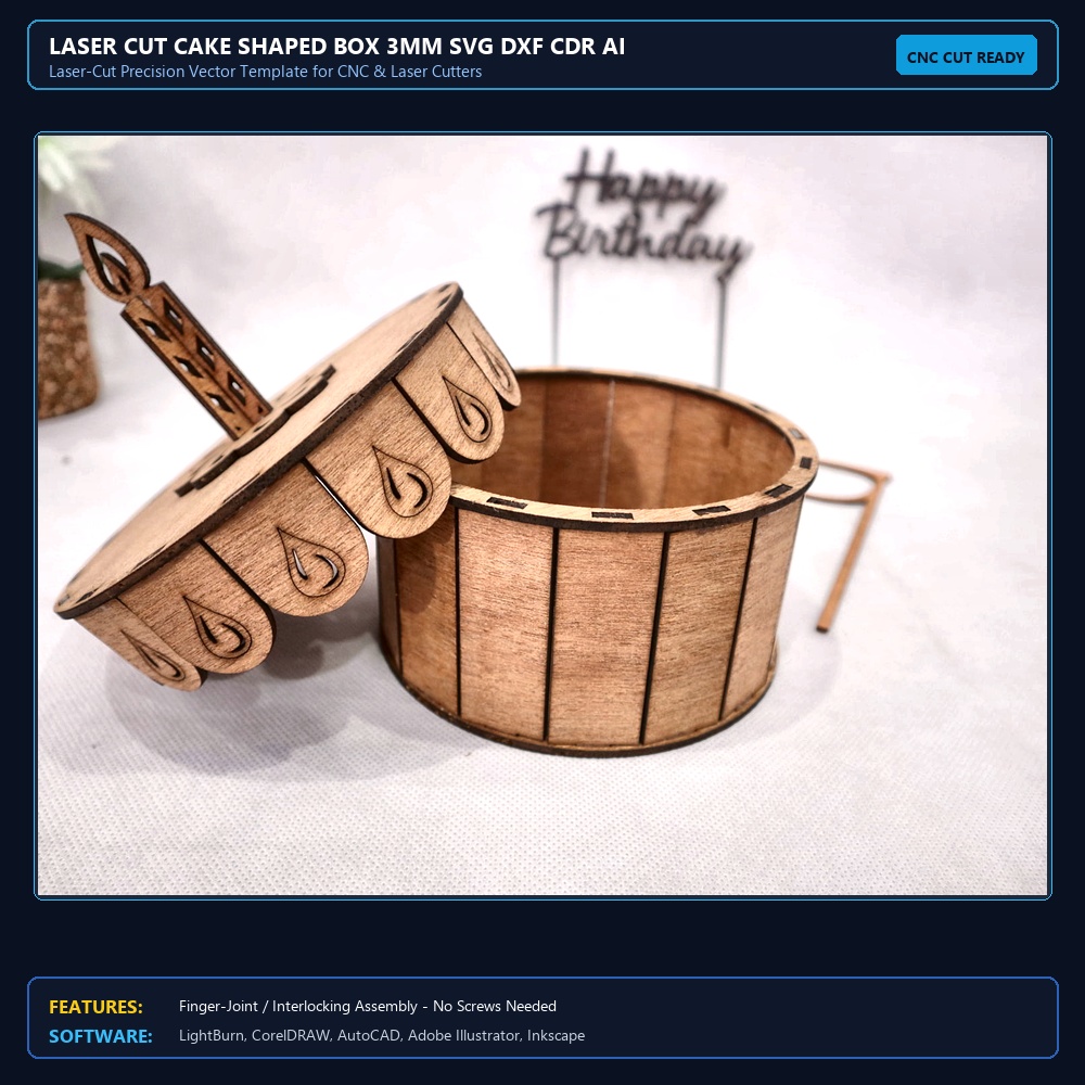 Laser Cut Cake Shaped Box 3mm SVG DXF CDR AI PDF Free Download - 3axis.co View 3