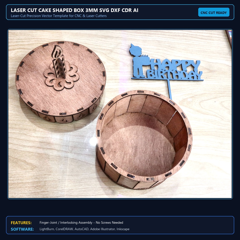 Laser Cut Cake Shaped Box 3mm SVG DXF CDR AI PDF Free Download - 3axis.co View 4