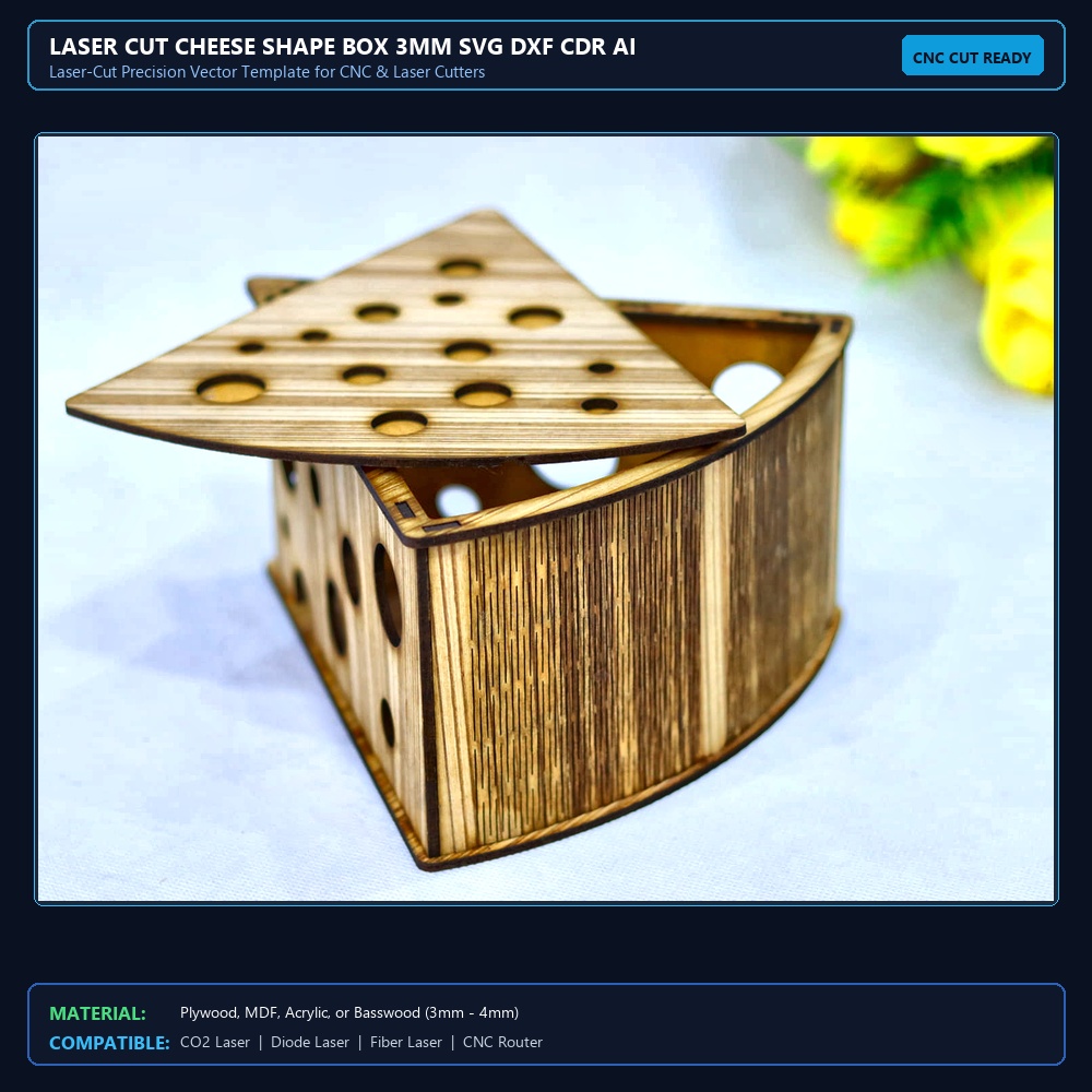 Laser Cut Cheese Shape Box 3mm SVG DXF CDR AI PDF Free Download - 3axis.co View 2
