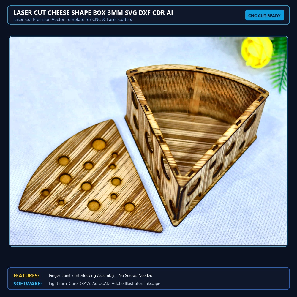 Laser Cut Cheese Shape Box 3mm SVG DXF CDR AI PDF Free Download - 3axis.co View 4