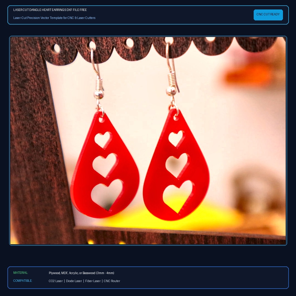 Laser Cut Dangle Heart Earrings DXF File Free Download - 3axis.co View 2