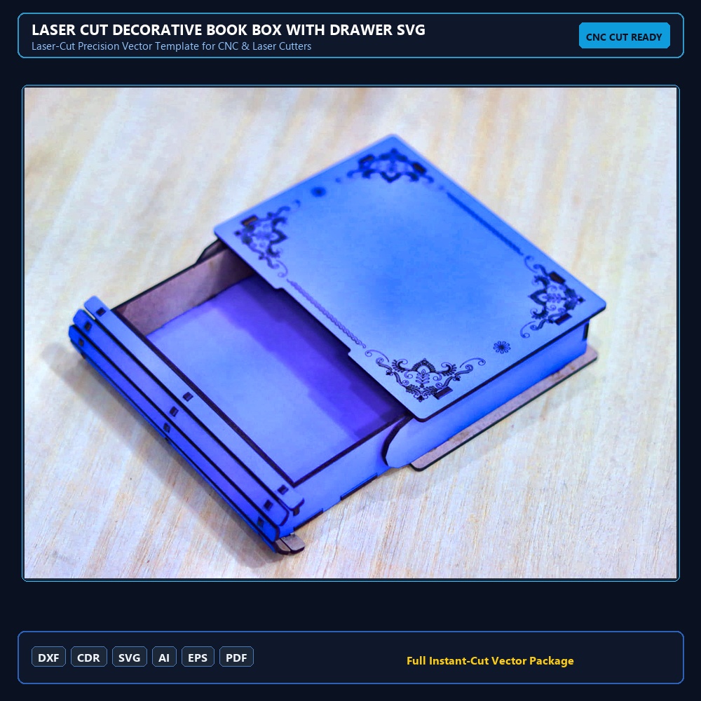 Laser Cut Decorative Book Box With Drawer SVG DXF CDR AI PDF Free Download - 3axis.co