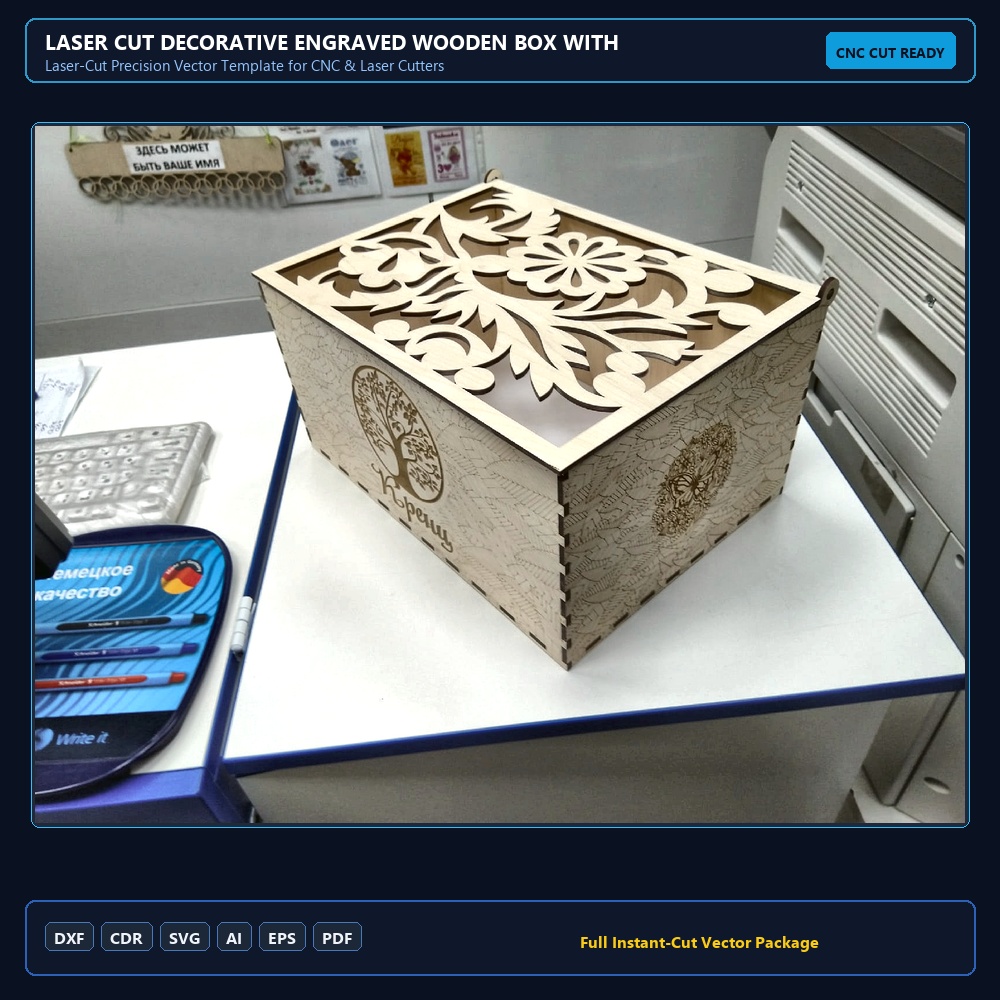 Laser Cut Decorative Engraved Wooden Box With Lid For A4 Docs