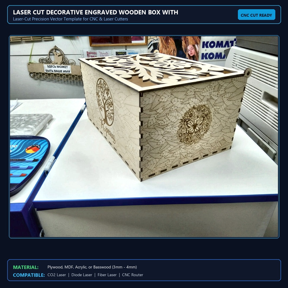 Laser Cut Decorative Engraved Wooden Box With Lid For A4 Docs View 2