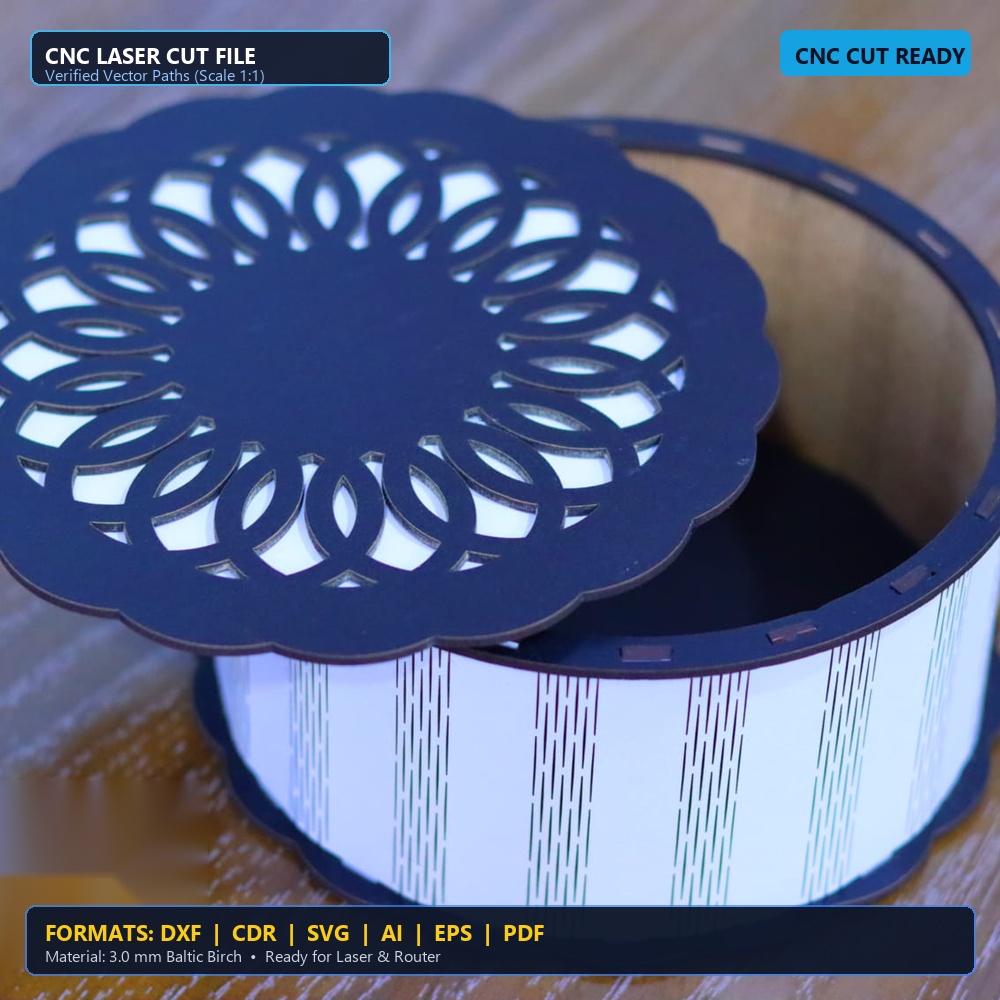 Laser Cut Curved Slat Round Gift Box 3mm - DXF, CDR, SVG