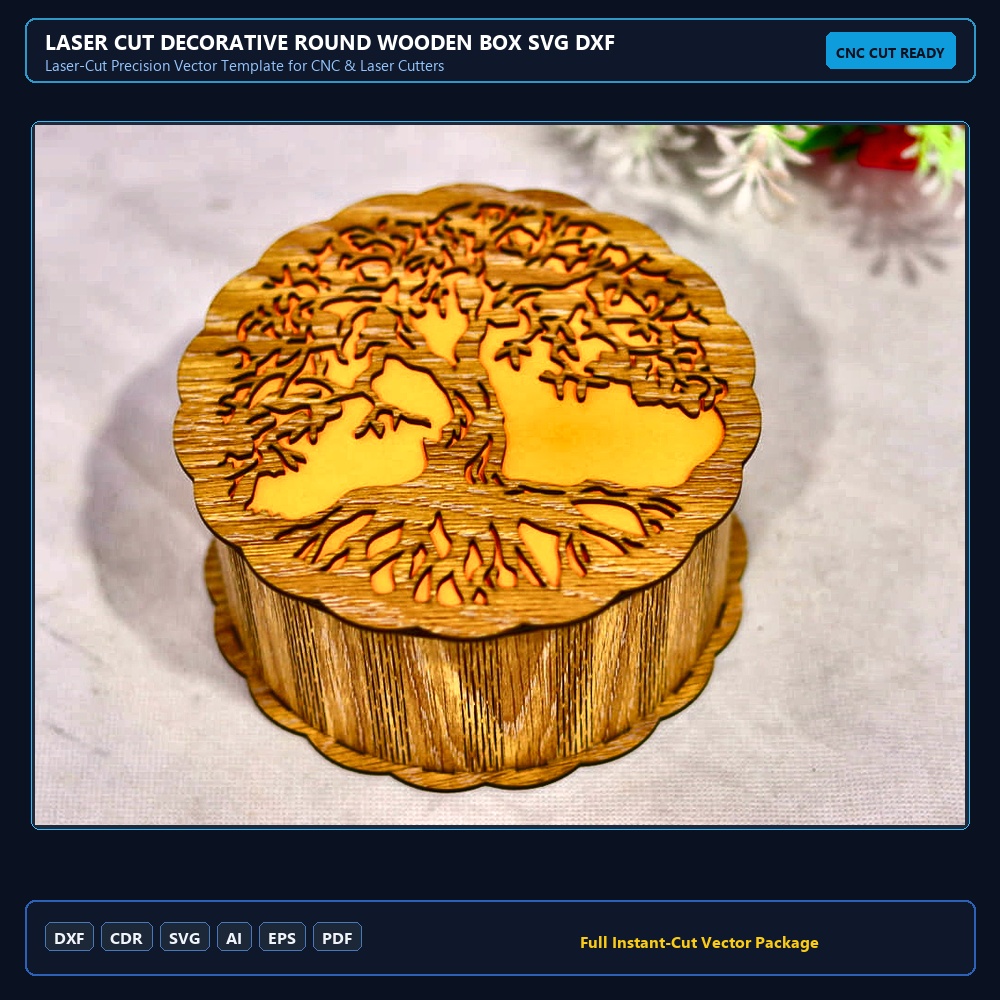 Laser Cut Decorative Round Wooden Box SVG DXF CDR AI PDF Free Download - 3axis.co