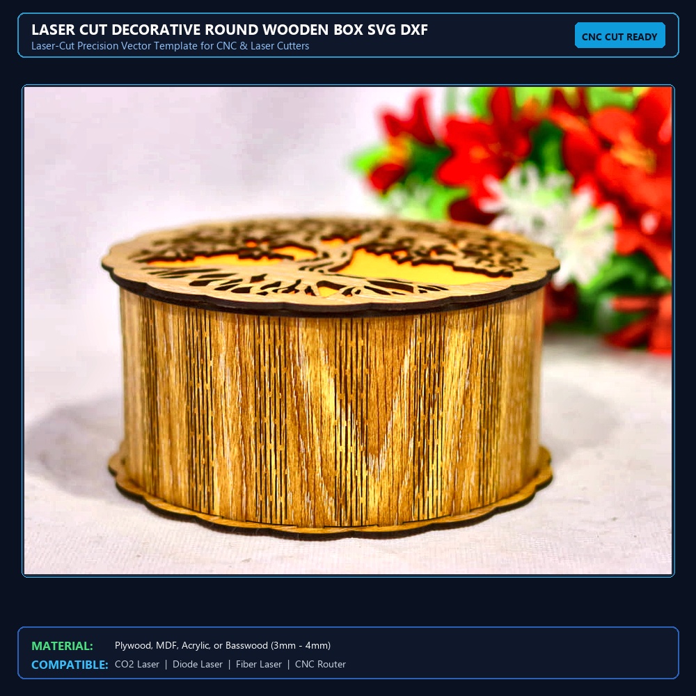 Laser Cut Decorative Round Wooden Box SVG DXF CDR AI PDF Free Download - 3axis.co View 2