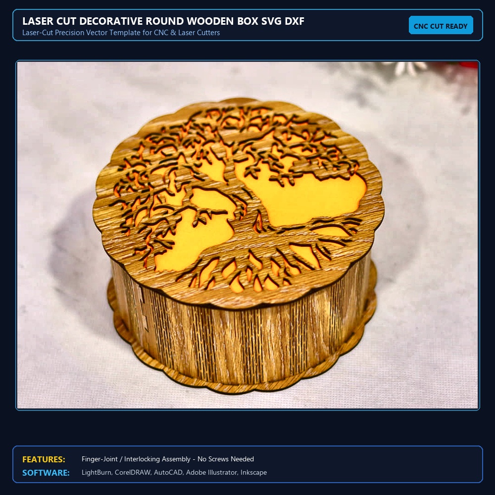 Laser Cut Decorative Round Wooden Box SVG DXF CDR AI PDF Free Download - 3axis.co View 3