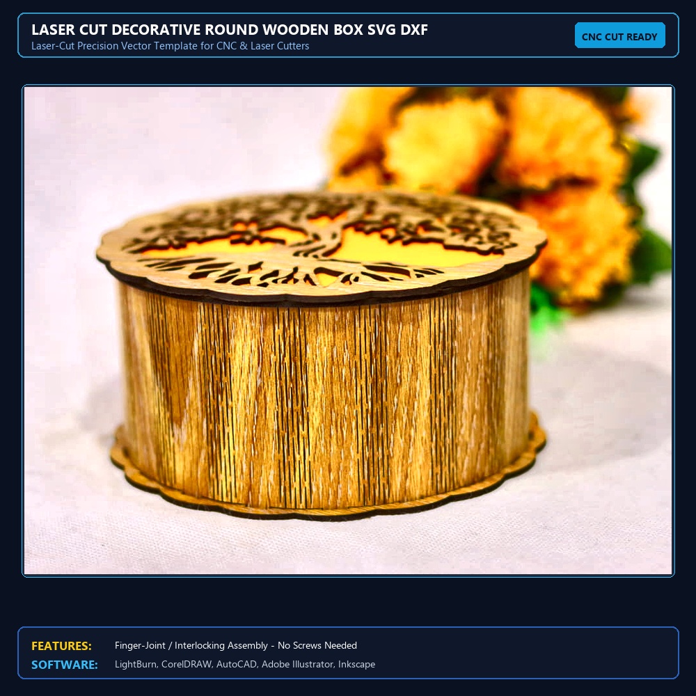 Laser Cut Decorative Round Wooden Box SVG DXF CDR AI PDF Free Download - 3axis.co View 4