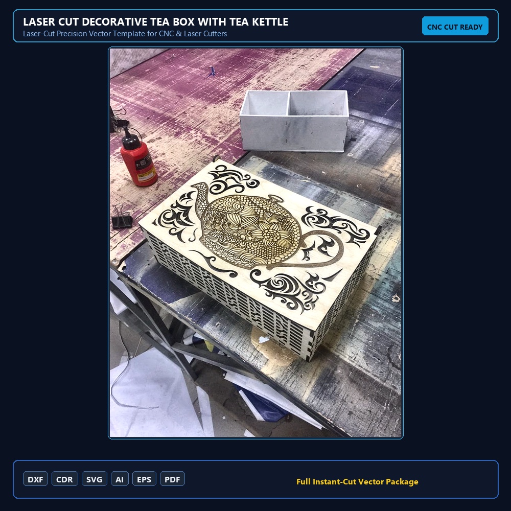 Laser Cut Decorative Tea Box With Tea Kettle Teapot Drawing Engraving