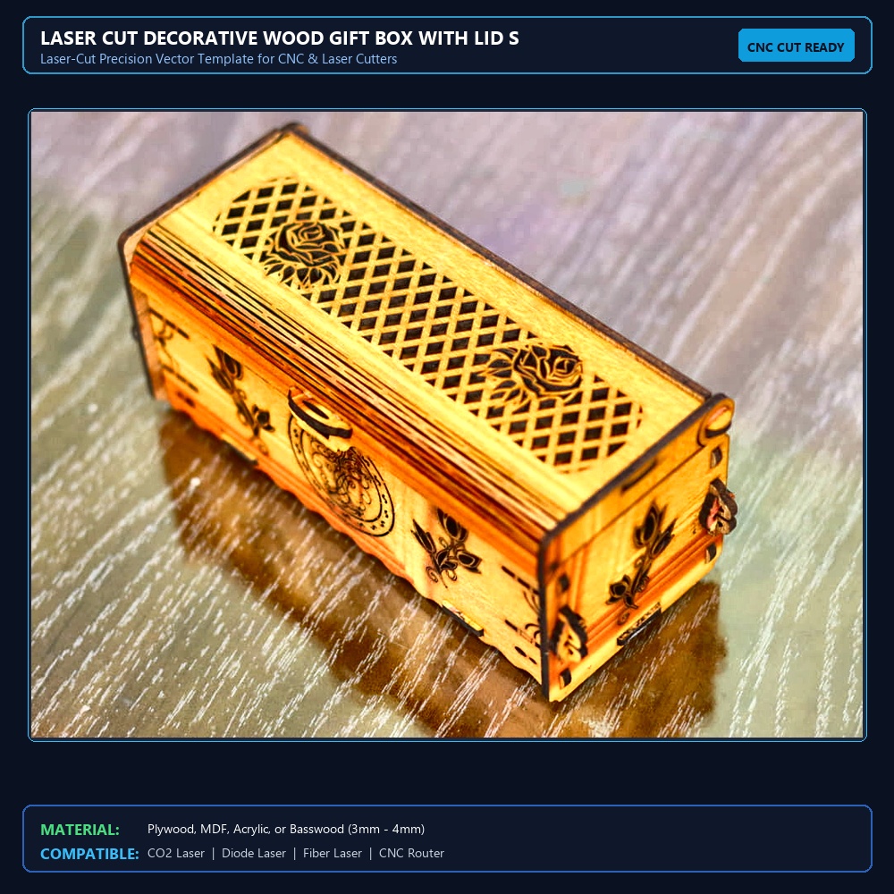Laser Cut Decorative Wood Gift Box With Lid SVG DXF CDR AI PDF Free Download - 3axis.co View 2