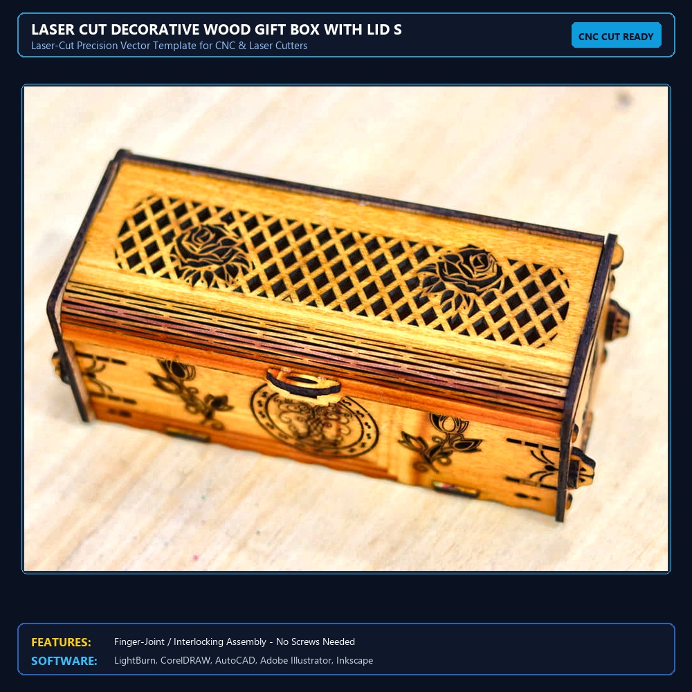Laser Cut Decorative Wood Gift Box With Lid SVG DXF CDR AI PDF Free Download - 3axis.co View 3
