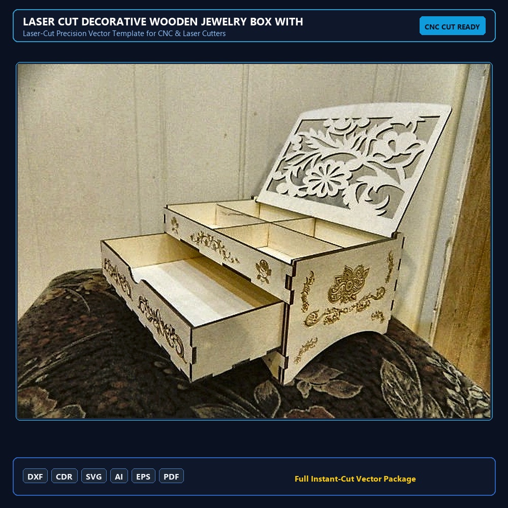 Laser Cut Decorative Wooden Jewelry Box With Drawer