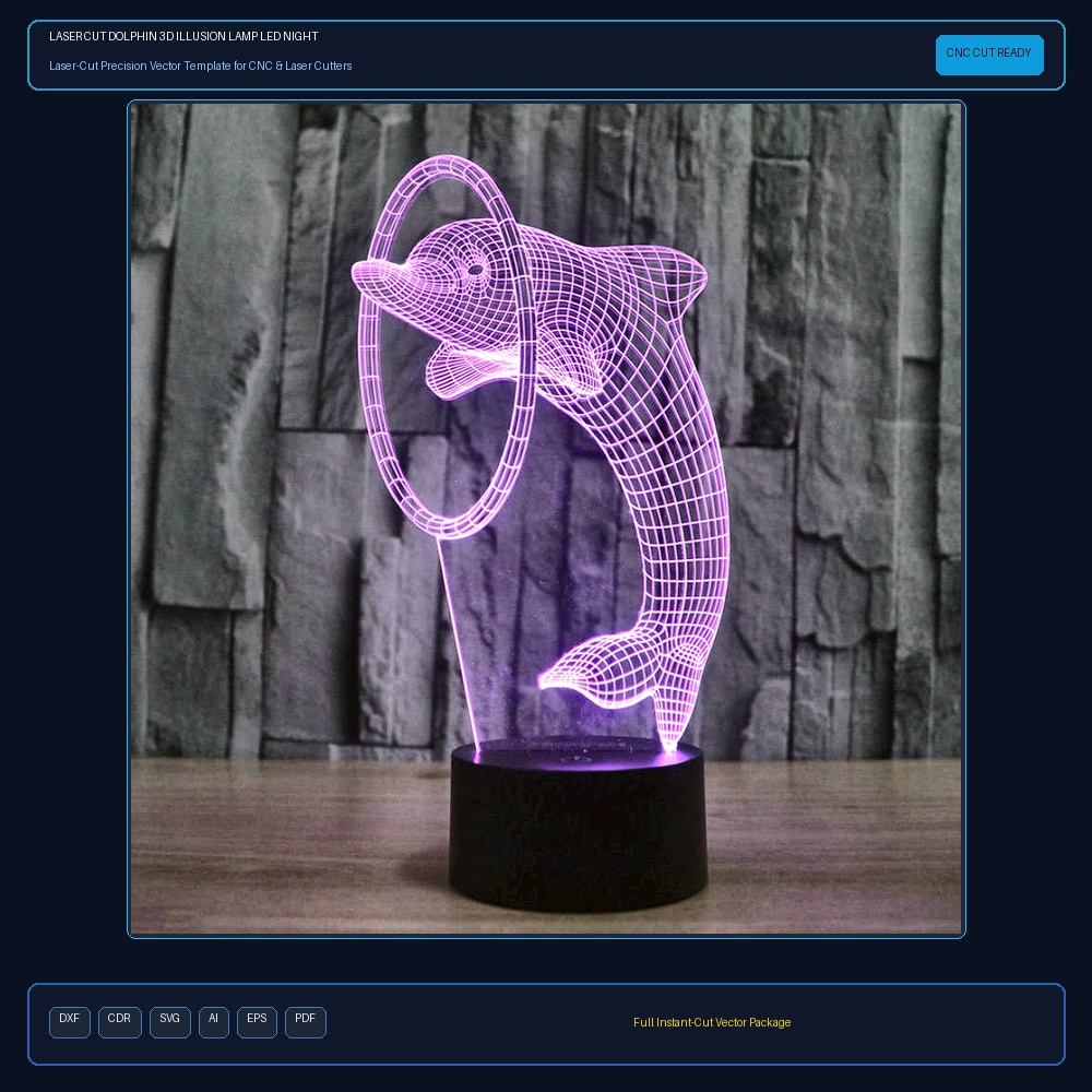 Laser Cut Dolphin 3D Illusion Lamp LED Night Light PDF File Free Download - 3axis.co