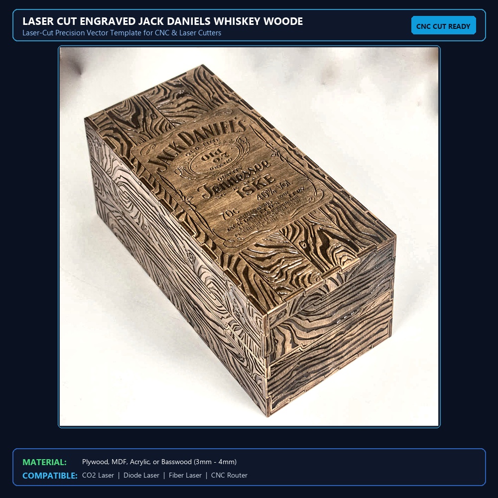 Laser Cut Engraved Jack Daniels Whiskey Wooden Box View 2