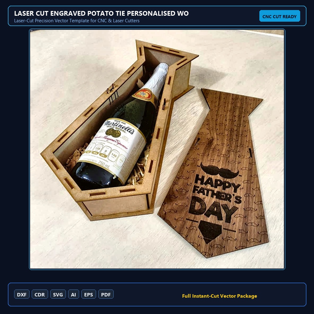 Laser Cut Engraved Potato Tie Personalised Wooden Wine Gift Box Fathers Day