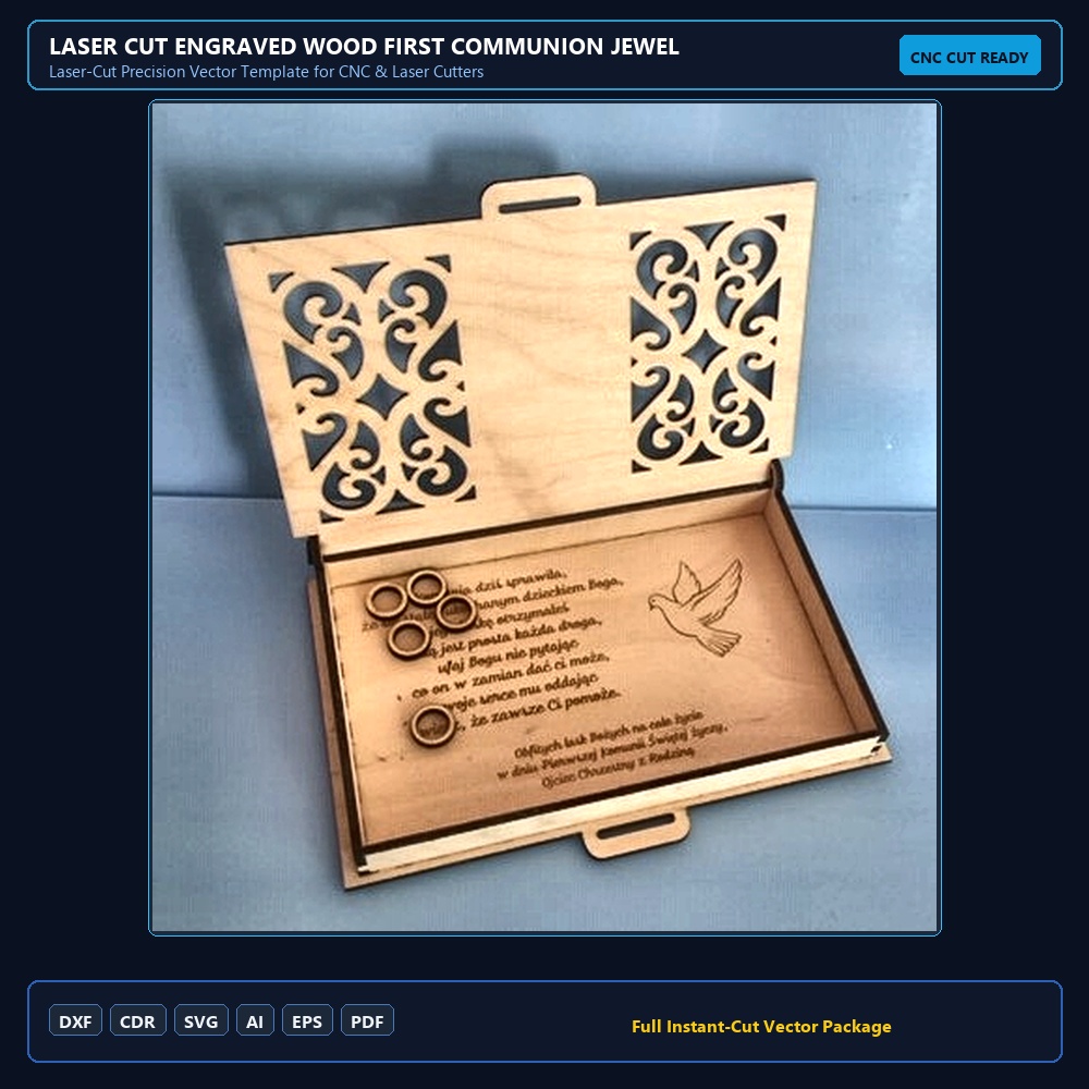 Laser Cut Engraved Wood First Communion Jewelry Box PDF File Free Download - 3axis.co