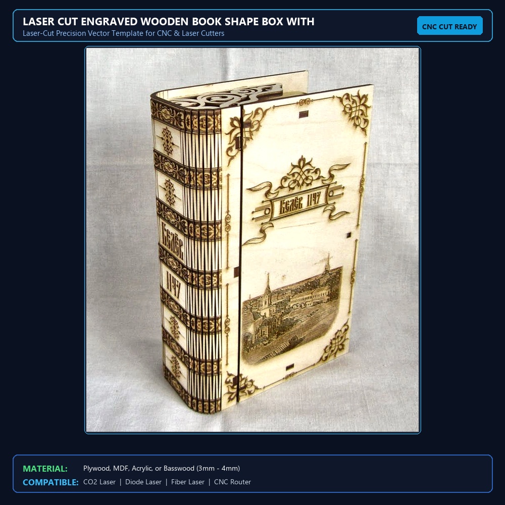Laser Cut Engraved Wooden Book Shape Box With Lid View 2