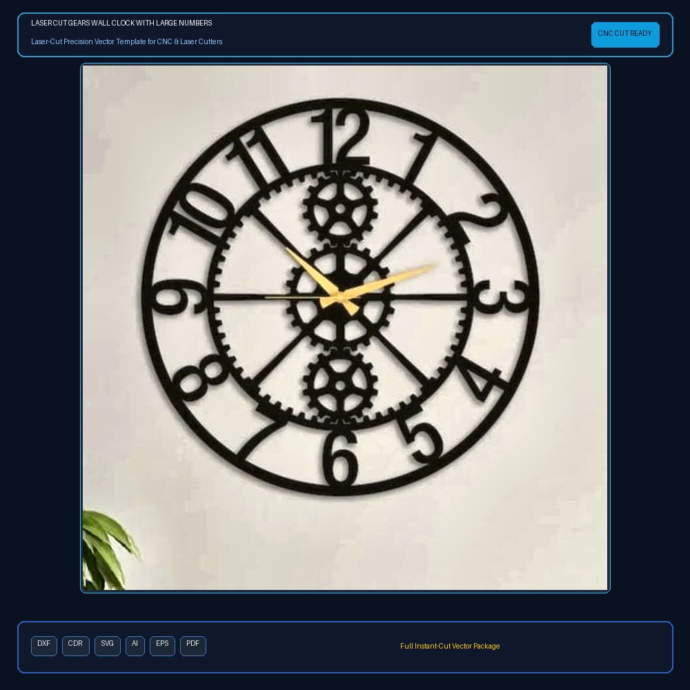Laser Cut Gears Wall Clock with Large Numbers