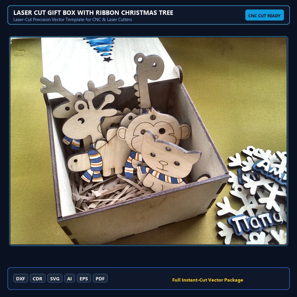 Laser Cut Gift Box With Ribbon Christmas Tree Engraved Snowflake Toys Monkey Dinosaurs Giraffe Cat