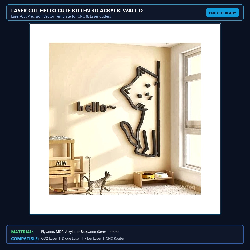 Laser Cut Hello Cute Kitten 3D Acrylic Wall Decor View 2