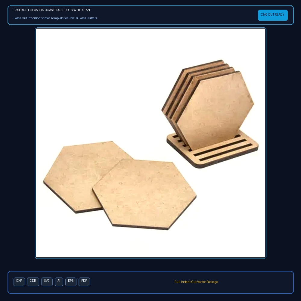 Laser Cut Hexagon Coasters Set of 6 with Stand