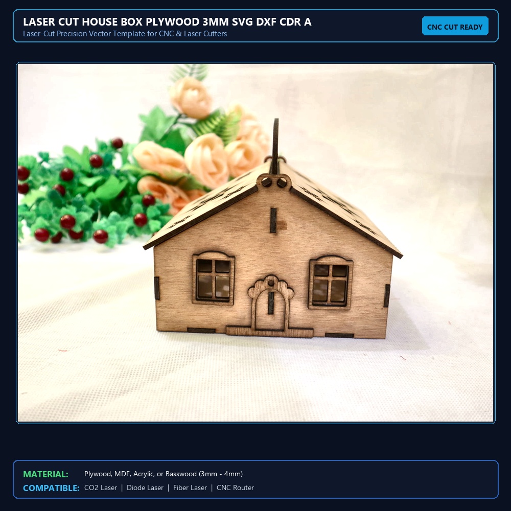 Laser Cut House Box Plywood 3mm SVG DXF CDR AI PDF Free Download - 3axis.co View 2