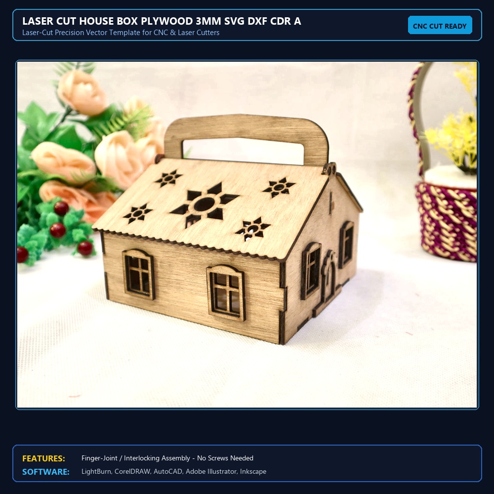Laser Cut House Box Plywood 3mm SVG DXF CDR AI PDF Free Download - 3axis.co View 3