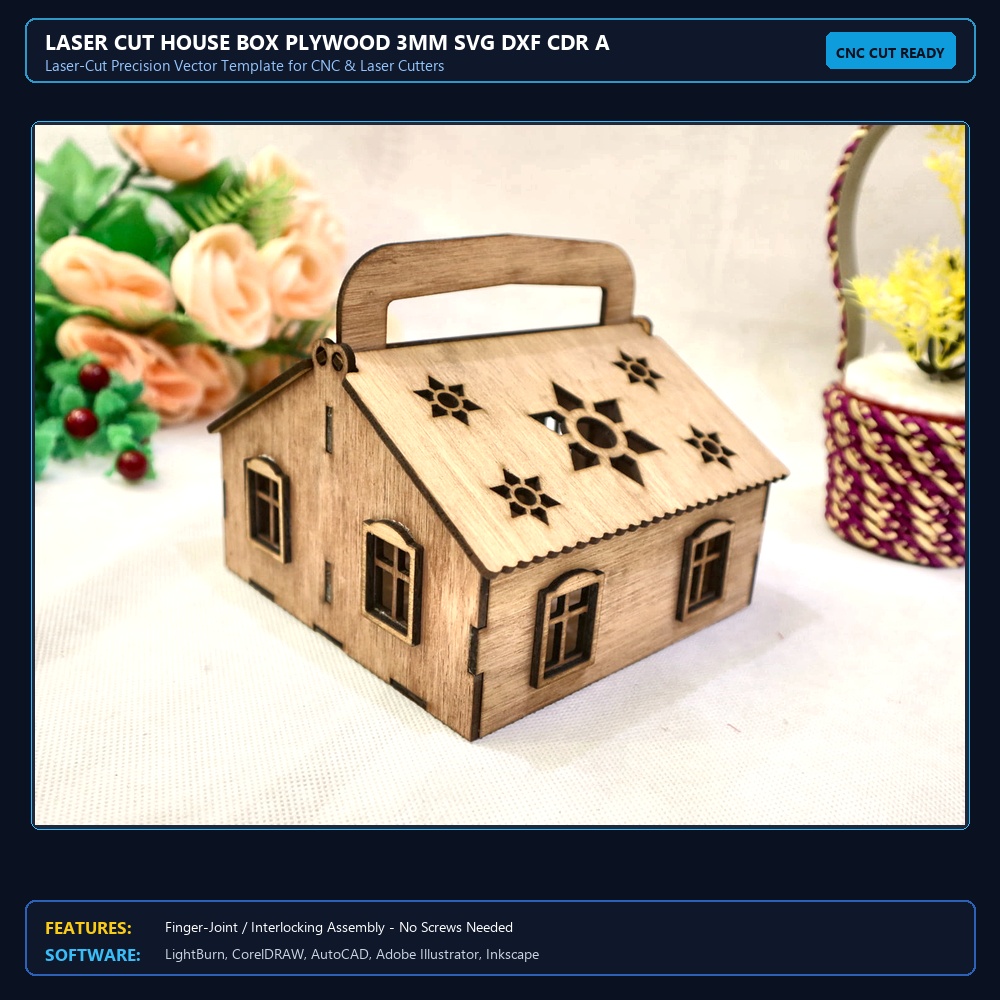 Laser Cut House Box Plywood 3mm SVG DXF CDR AI PDF Free Download - 3axis.co View 4