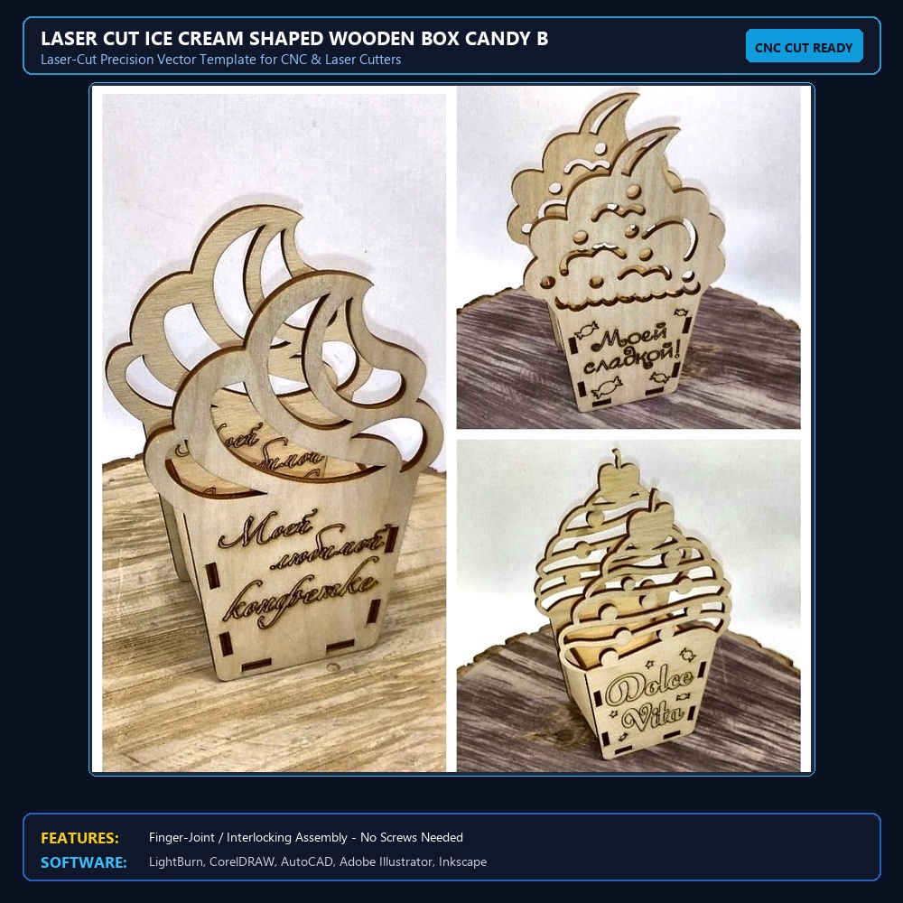 Laser Cut Ice Cream Shaped Wooden Box Candy Basket View 3