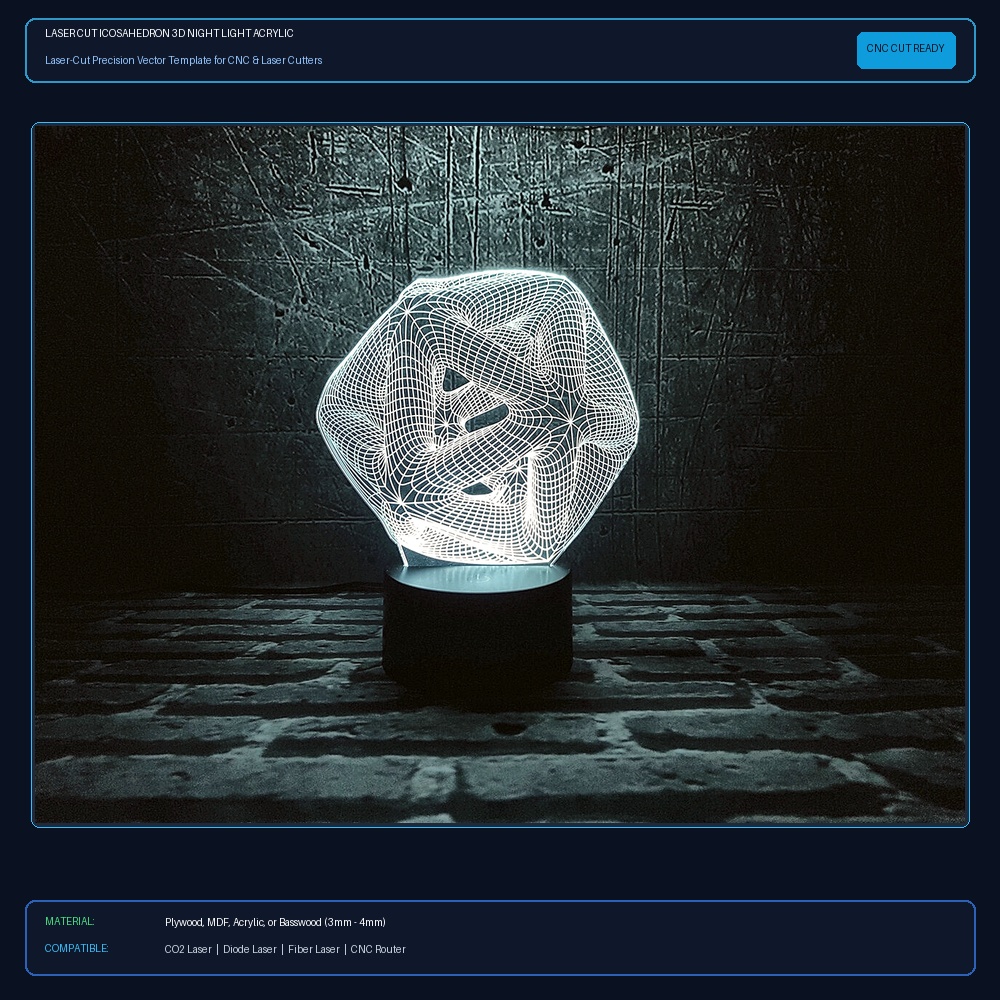 Laser Cut Icosahedron 3D Night Light Acrylic Optical Illusion Lamp View 2
