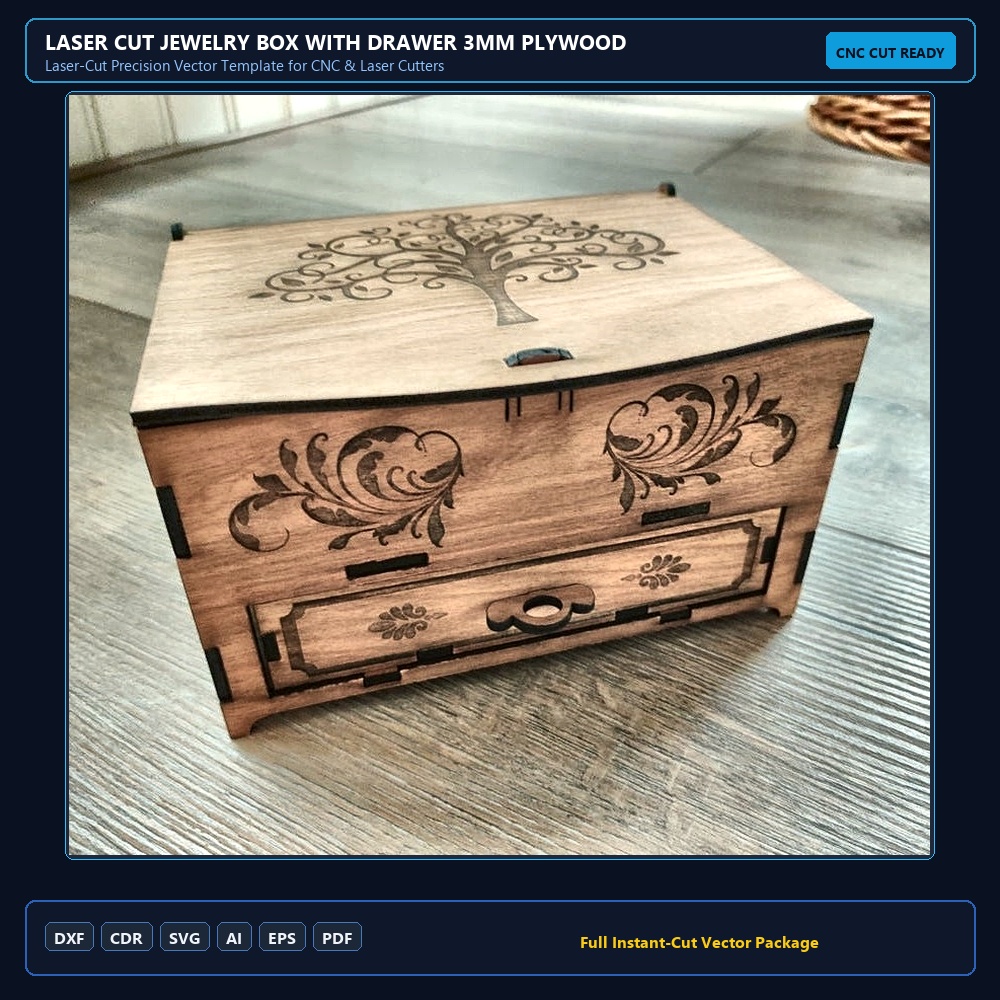 Laser Cut Jewelry Box With Drawer 3mm Plywood SVG File Free Download - 3axis.co