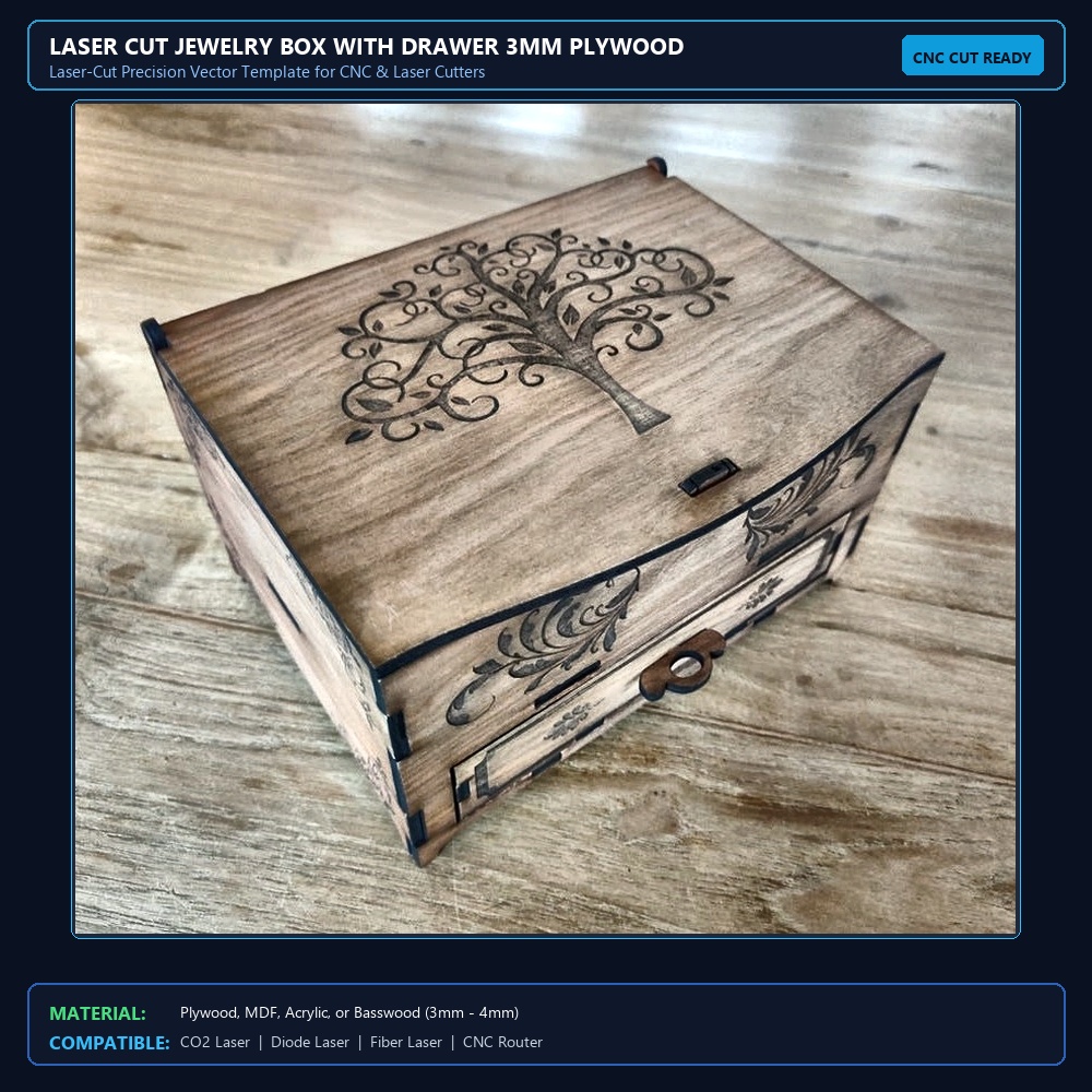 Laser Cut Jewelry Box With Drawer 3mm Plywood SVG File Free Download - 3axis.co View 2
