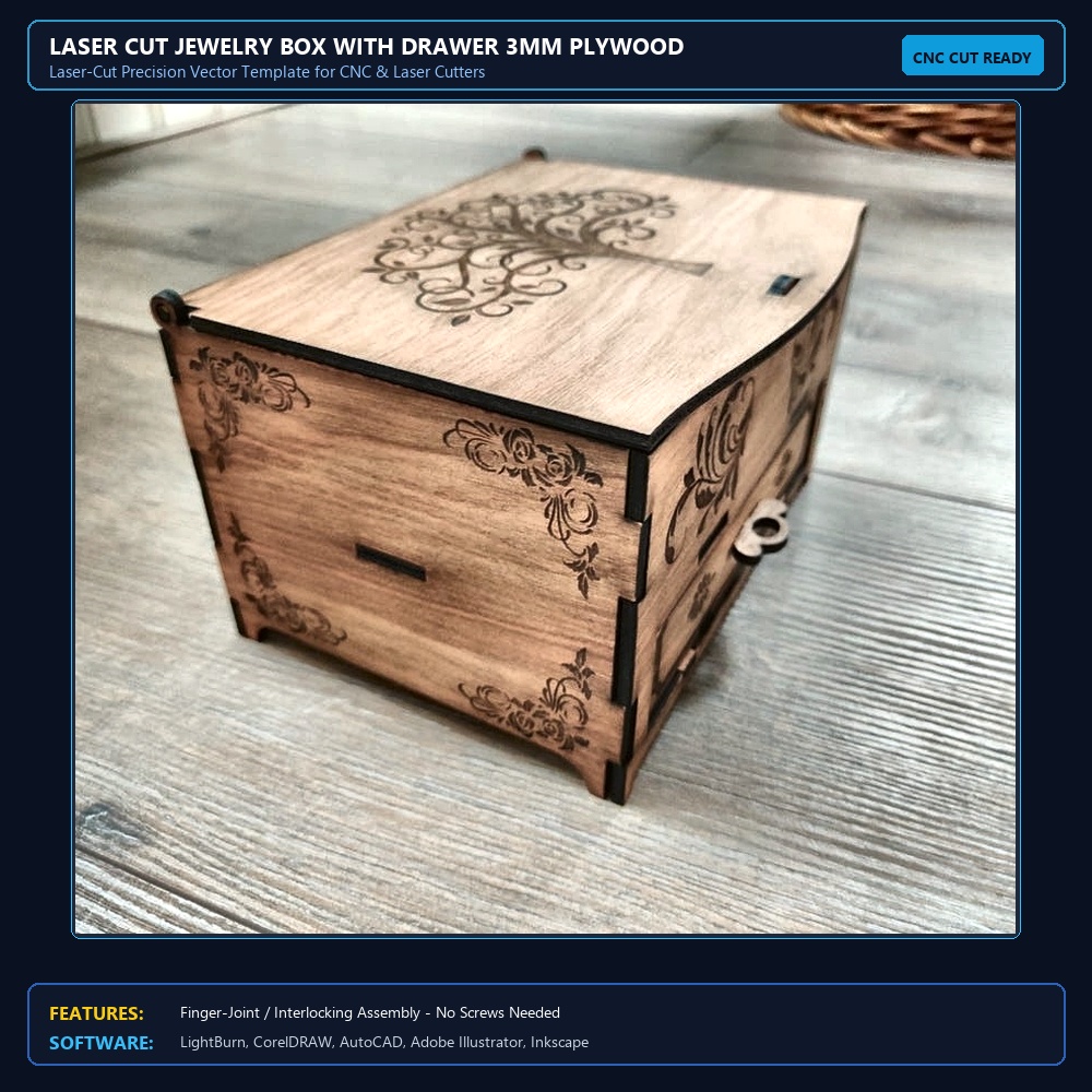 Laser Cut Jewelry Box With Drawer 3mm Plywood SVG File Free Download - 3axis.co View 3